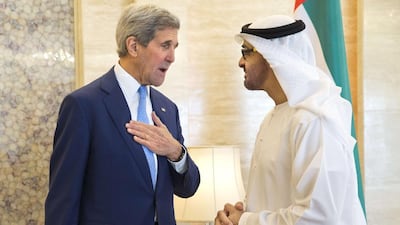 US Secretary of State John Kerry (L) meets with Abu Dhabi Crown Prince Sheikh Mohamed bin Zayed (AFP PHOTO/JACQUELYN MARTIN)