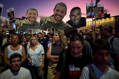 Relatives and supporters of Israeli hostages held in Gaza at a Tel Aviv rally demanding their release and calling for an end to the war on Saturday, July 12, 2025. AP
