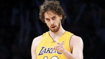 Los Angeles Lakers Pau Gasol of Spain points to his teammates as time runs out in their game against the San Antonio Spurs.