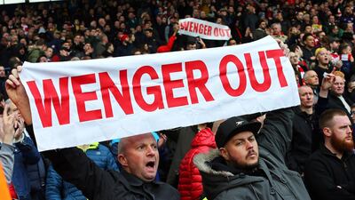 Fans protest against Arsene Wenger during the Premier League match between West Bromwich Albion and Arsenal at the Hawthorns on March 18, 2017. Tim Keeton / EPA