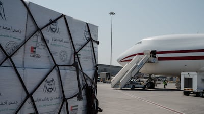 The Ahmed bin Rashid Humanitarian Bridge begins airlift operations to support Gaza. Photo: Wam