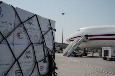 Relief packages are prepared to be flown to Gaza under the Ahmed bin Rashid Humanitarian Bridge. Photo: Wam