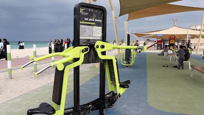 The free gym at Umm Al Quwain public beach has been a hit with fitness fans. Pawan Singh / The National