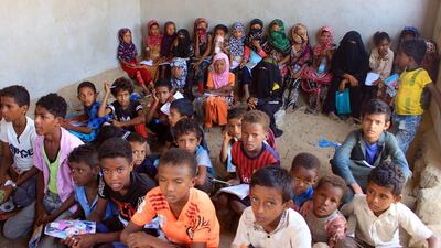 Displaced Yemeni children attend a class in a house turned into a school in the northern province. AFP