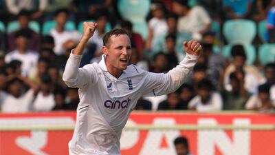 England's Tom Hartley celebrates the wicket of India's Jasprit Bumrah on the third day of the second Test in Visakhapatnam. AP