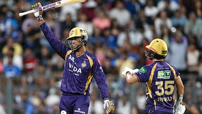 Kolkata batter Angkrish Raghuvanshi celebrates after scoring his half-century. AFP