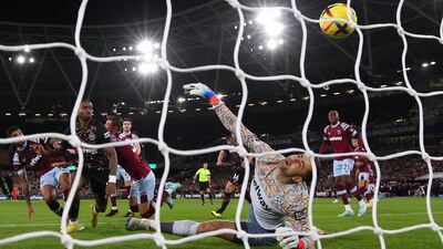 Lukasz Fabianski of West Ham looks on as Ivan Toney of Brentford scores the opening goal in a 2-0 win for the Bees. Getty Images