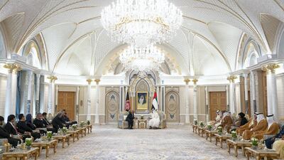 Sheikh Mohamed bin Zayed meets with Mr Ghani during a reception at the Presidential Palace.