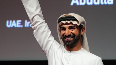 Director Abdulla Al Kaabi holds the Muhr Emirati award aloft at last year’s Dubai International Film Festival. Getty Images for Diff