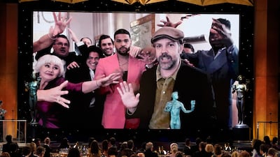 Jason Sudeikis appears on screen to accept the award for Outstanding Performance by a Male Actor in a Comedy Series for 'Ted Lasso'. AP