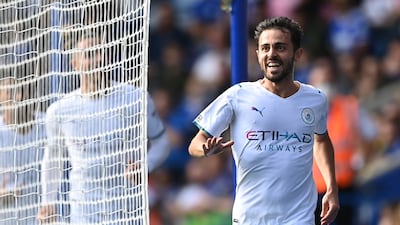 LEICESTER, ENGLAND - SEPTEMBER 11: Bernardo Silva of Manchester City celebrates after scoring during the Premier League match between Leicester City and Manchester City at The King Power Stadium on September 11, 2021 in Leicester, England. (Photo by Shaun Botterill / Getty Images)
