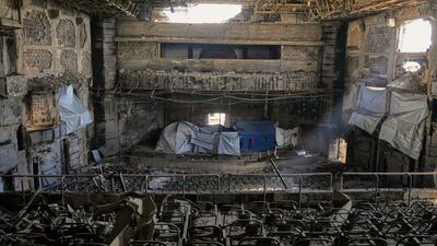 Tents for displaced Palestinians are set up in the auditorium of the Islamic University, damaged by an Israeli bombardment, in Gaza City, Saturday, April 5, 2025. (AP Photo / Jehad Alshrafi)