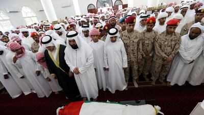 Funeral prayers were held for Mohammed Al Seyabi, 35, and Ahmed Khamis Al Hammadi, 37, in Abu Dhabi 4pm, following afternoon prayers. Courtesy Al Ittihad