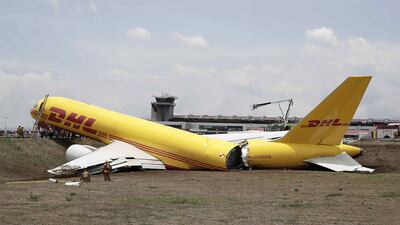 A DHL cargo plane that broke in two after it skidded off the runway at Juan Santamaria airport, Costa Rica. The Boeing 757 returned to the airport after experiencing problems after take-off. EPA