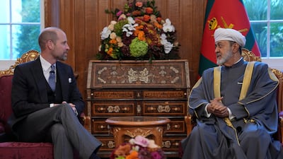Sultan Haitham speaks to Prince William, the Prince of Wales, at the Omani ruler's residence in London. Reuters