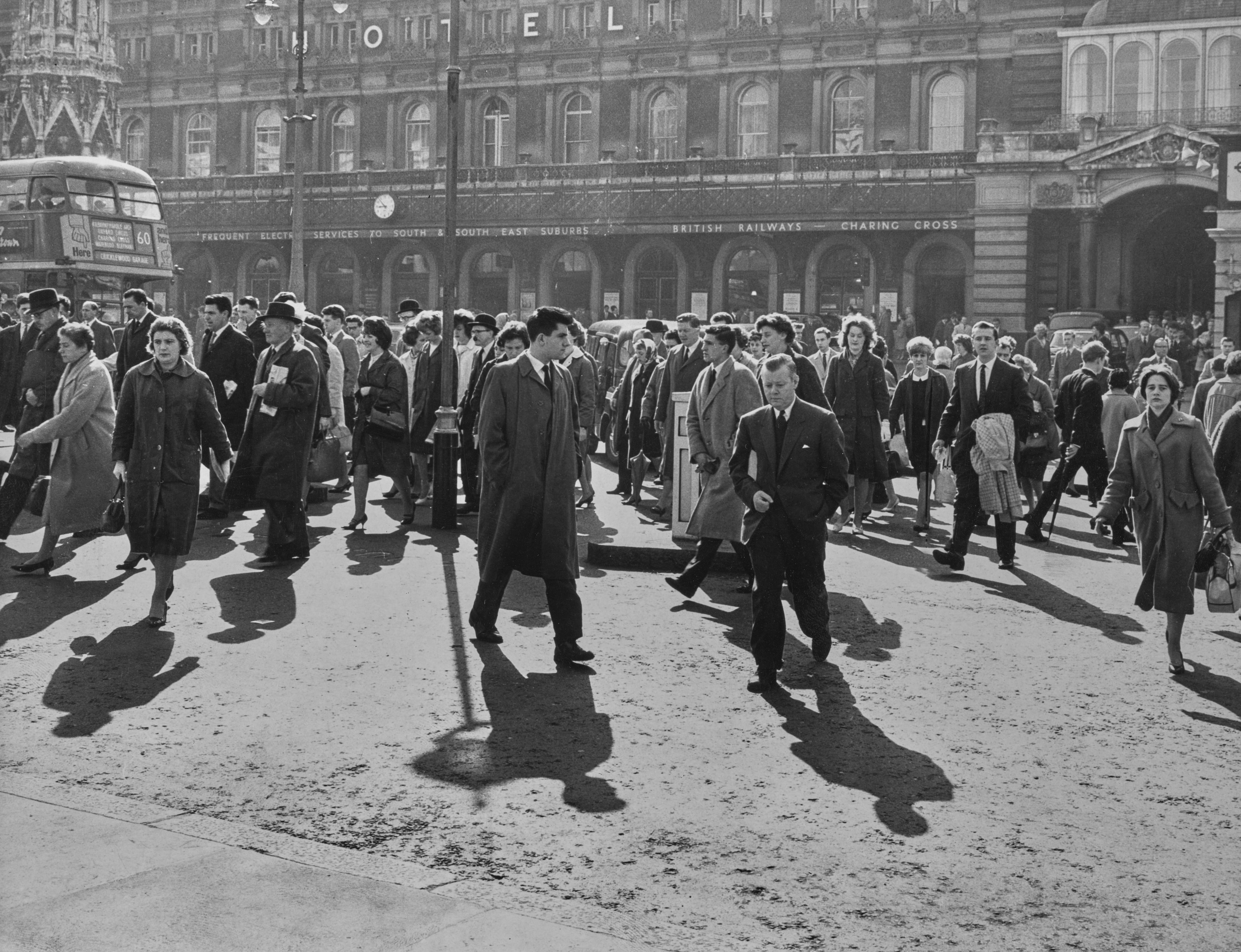 Commuters outside Charing Cross station in the 1960s, near the spot where Peer Allen was arrested. Getty Images