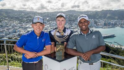 From left: Yu Chun-an of Chinese Taipei, Nick Voke of New Zealand and Rayhan Thomas, the Dubai-based amateur representing India, stand for a photograph ahead of the 2017 Asia-Pacific Amateur Championship (AAC) at Royal Wellington Golf Club, Wellington, New Zealand. David Paul Morris / AAC