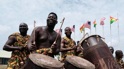 Drummers perform during the arrival Melania Trump in Accra, Ghana. Reuters