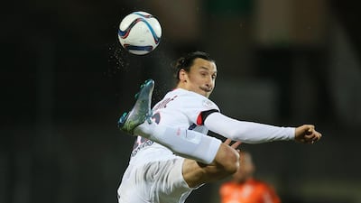 Paris Saint Germain’s forward Zlatan Ibrahimovic of Sweden controls the ball during his French League One football match against Lorient in Lorient, western France. Paris won 2-1. David Vincent / AP Photo
