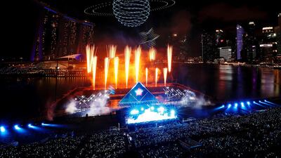 Drones perform an aerial display over Marina Bay during New Year's Eve celebrations ahead of the new year in Singapore. Reuters