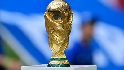 The World Cup trophy on display prior to the final match between France and Croatia at the 2018 football World Cup in Moscow, Russia. AP