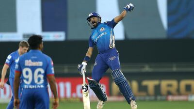 Mumbai Indians batsman Krunal Pandya celebrates victory over the Delhi Capitals in the Indian Premier League final at the Dubai International Cricket Stadium on the Tuesday, November 10. Sportzpics for BCCI