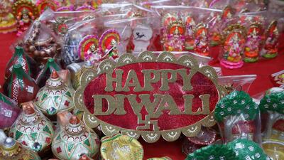 Colourful clay diyas (lamp) and other decoration items for Diwali festival on display at the shop in Bur Dubai in Dubai. Diwali is the Indian festival of lights. Pawan Singh/The National