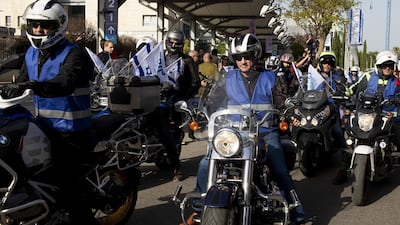 Benny Gantz leads a caravan of 100 motorcycles as part of his 'Every Voice Counts' campaign at the Expo Center in Tel Aviv. Bloomberg
