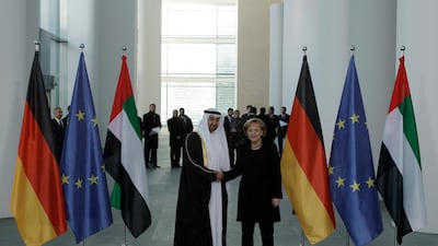 Sheikh Mohamed bin Zayed meets German Chancellor Angela Merkel in Berlin in January 2008..Ryan Carter / The National