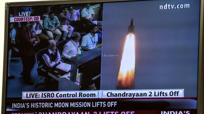 A television grab shows the launch of Chandrayaan-2 lift off at the Satish Dhawan Space Centre in Sriharikota, an island off the coast of southern Andhra Pradesh state. AFP