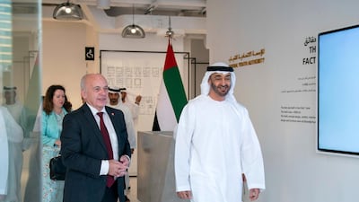 Sheikh Mohamed bin Zayed tours the Abu Dhabi Youth Hub with Ueli Maurer, President of Switzerland. Hamad Al Kaabi / Ministry of Presidential Affairs ---