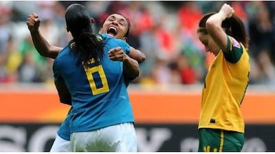 Marta, the Brazil striker, pictured here celebrating with defender Rosana, No 6, failed to score against Australia but her coach, Klieton Lima, is looking for her to get off the mark against Norway today.