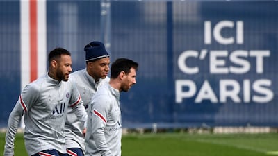 Neymar, Kylian Mbappe and and Lionel Messi during training. AFP