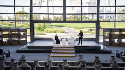 Edward Jung, founder and chief technology officer at Intellectual Ventures, delivers a lecture titled 'How to solve the Biggest Global Challenges Through Innovation' at Majlis Mohamed bin Zayed. On stage with Mr Jung is Taif Al Amiri, government communications director at the Ministry of Industry and Advanced Technologies.