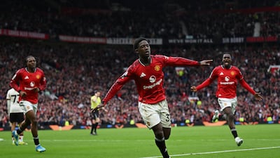 Kobbie Mainoo of Manchester United after scoring his team's third goal against Liverpool at Old Trafford. Getty Images
