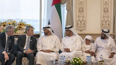 Sheikh Mohammed bin Zayed, Crown Prince of Abu Dhabi and Deputy Supreme Commander of the UAE Armed Forces (third left), receives Hartwig Loger, Austria's Minister of Finance of Austria (second left), during a Sea Palace barza. Seen with Sheikh Tahnoon bin Mohammed , Ruler's Representative in Al Ain (right), Sheikh Tahnoon bin Mohammed bin Tahnoon (second right) and Dr Sultan Ahmed Al Jaber, UAE Minister of State, Chairman of Masdar and CEO of Adnoc Group (third right). Courtesy Crown Prince Court - Abu Dhabi