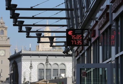 A screen displays foreign exchange rates in Moscow, Russia. Bloomberg