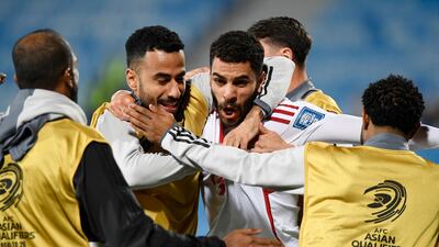 The UAE's Sultan Adil celebrates scoring the national team's second goal against North Korea, giving his teammates a 2-1 win in their World Cup qualifying match at Prince Faisal bin Fahd Stadium, Riyadh, on Tuesday night. Reuters