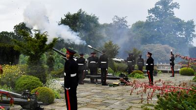The 206 Battery of the Royal Artillery, the Ulster Gunners, fire a midday commemorative gun salute in honour of the beginning of the queen's platinum jubilee celebrations, at Hillsborough Castle, Northern Ireland. Reuters