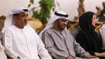 Dr Sultan Al Jaber, Minister of Industry and Advanced Technology, Mohammed Al Mazrouei, Minister of State for Defence Affairs, and Reem Al Hashimy, Minister of State for International Co-operation, at Al Ittihadiya Palace. Hamad Al Kaabi / UAE Presidential Court