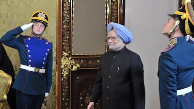 India's prime minister Manmohan Singh arrives for a meeting with Russian president Vladimir Putin in Moscow. His visits to Russia and China are likely to be his last as prime minister. Alexey Nikolsky / EPA
