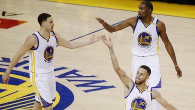 Klay Thompson, left, and Kevin Durant, right, during Golden State's emphatic win over Cleveland in Game 1 of the NBA Finals. Monica Davey / EPA