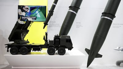A multiple rocket launcher miniature and artillery rockets made by Elbit Systems. Reuters