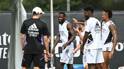 Real Madrid new boy Antonio Rudiger, centre, training with teammates. AFP