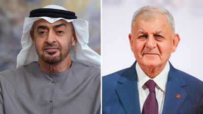 President Sheikh Mohamed held a phone call with Iraqi President Abdul Latif Rashid. Hamad Al Kaabi / Ministry of Presidential Affairs / Getty Images