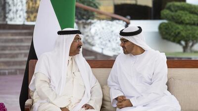 Sheikh Mohammed bin Zayed, Crown Prince of Abu Dhabi and Deputy Supreme Commander of the Armed Forces, meets with Mohammed Al Moawda, ambassador of Bahrain to the UAE, during a Sea Palace barza. Mohamed Al Hammadi / Crown Prince Court– Abu Dhabi