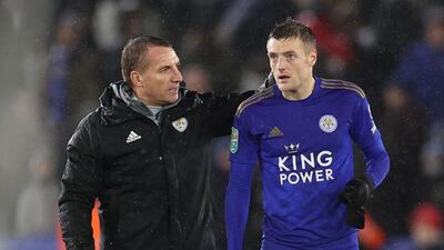 Leicester City striker Jamie Vardy, right, with manager Brendan Rodgers after the League Cup semi-final first-leg draw with Aston Villa. Reuters