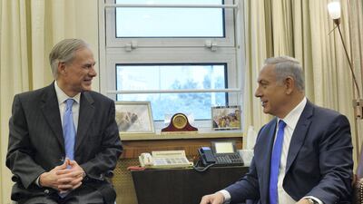 Texas governor Greg Abbott meets Benjamin Netanyahu at the Israeli prime minister's office in Jerusalem on January 18, 2016. Kobi Gideon / GPO via Getty Images