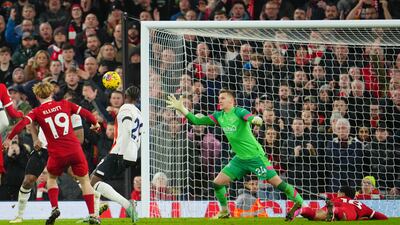 Liverpool's Harvey Elliott scores the fourth goal against Luton Town. AP