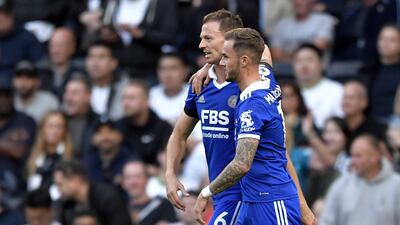 James Maddison with teammate Jonny Evans after making it 2-2. EPA